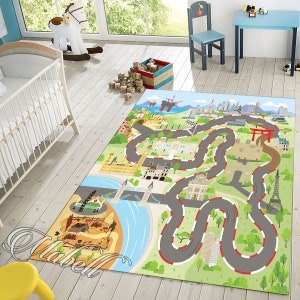 Race Car Road Nursery Rug, Circuit City Map Themed Nonslip Area Rug, Playmat voor kinderkamer, cadeau voor kinderen, peutertapijten, activiteitentapijt