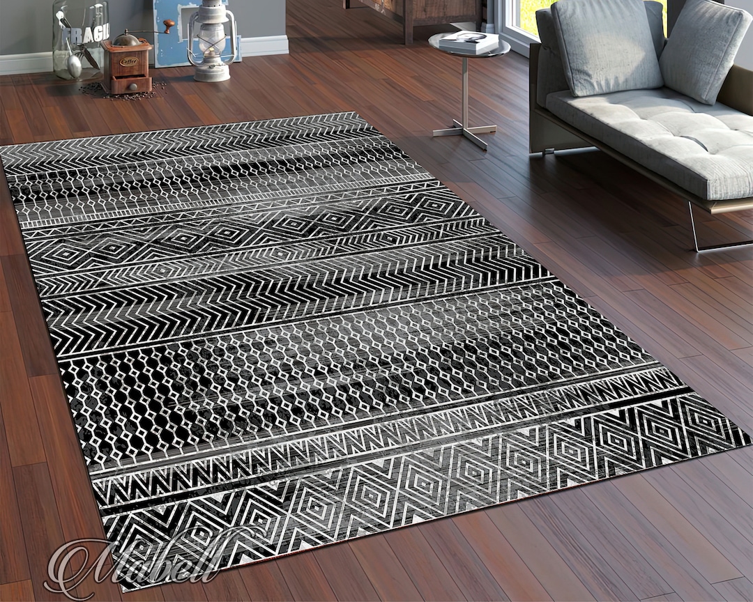 Aztec Rug Neutral Color Aztec Rug, Ethnic Decorative Themed Nonslip Area Rug, Black and White ...