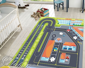 Airport Nursery Rug, Plane Road Themed Nonslip Area Rug, Kids Room Rug, Playmat for Kids Room, Gift for Children, Toddler Rugs,Activity Rug