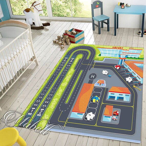 Airport Nursery Rug, Plane Road Themed Nonslip Area Rug, Kids Room Rug, Playmat for Kids Room, Gift for Children, Toddler Rugs,Activity Rug