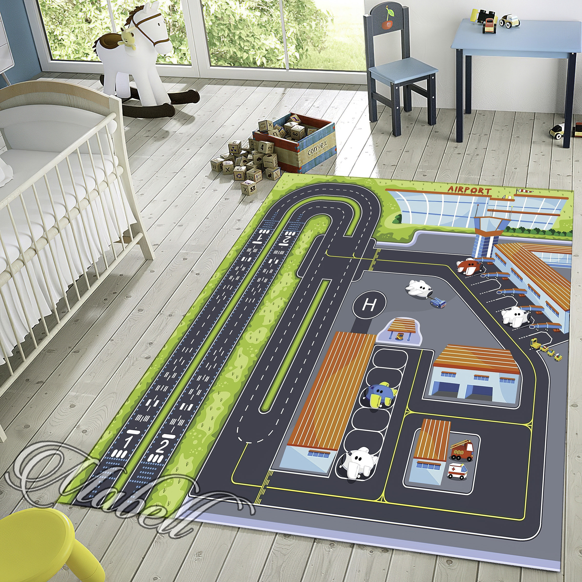 Airport Nursery Rug, Plane Road Themed Nonslip Area Rug, Kids Room Rug ...