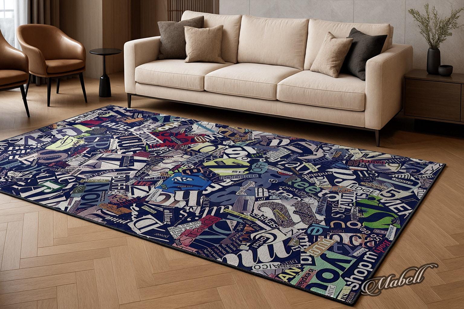 Simplified Magazine Rug Typography Collage Nonslip Area Rug Colorful Magazine Style Washable ...