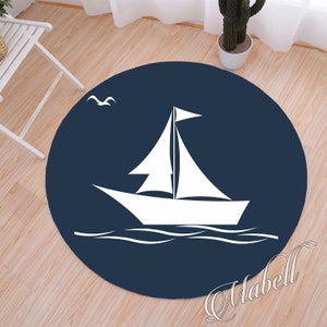 Boat Round Rug, Sailing BoatThemed Round Nonslip Area Rug, Blue White Circle Rug, Nautical Print Rug, Sailor Floor Mat, Minimalist Rug