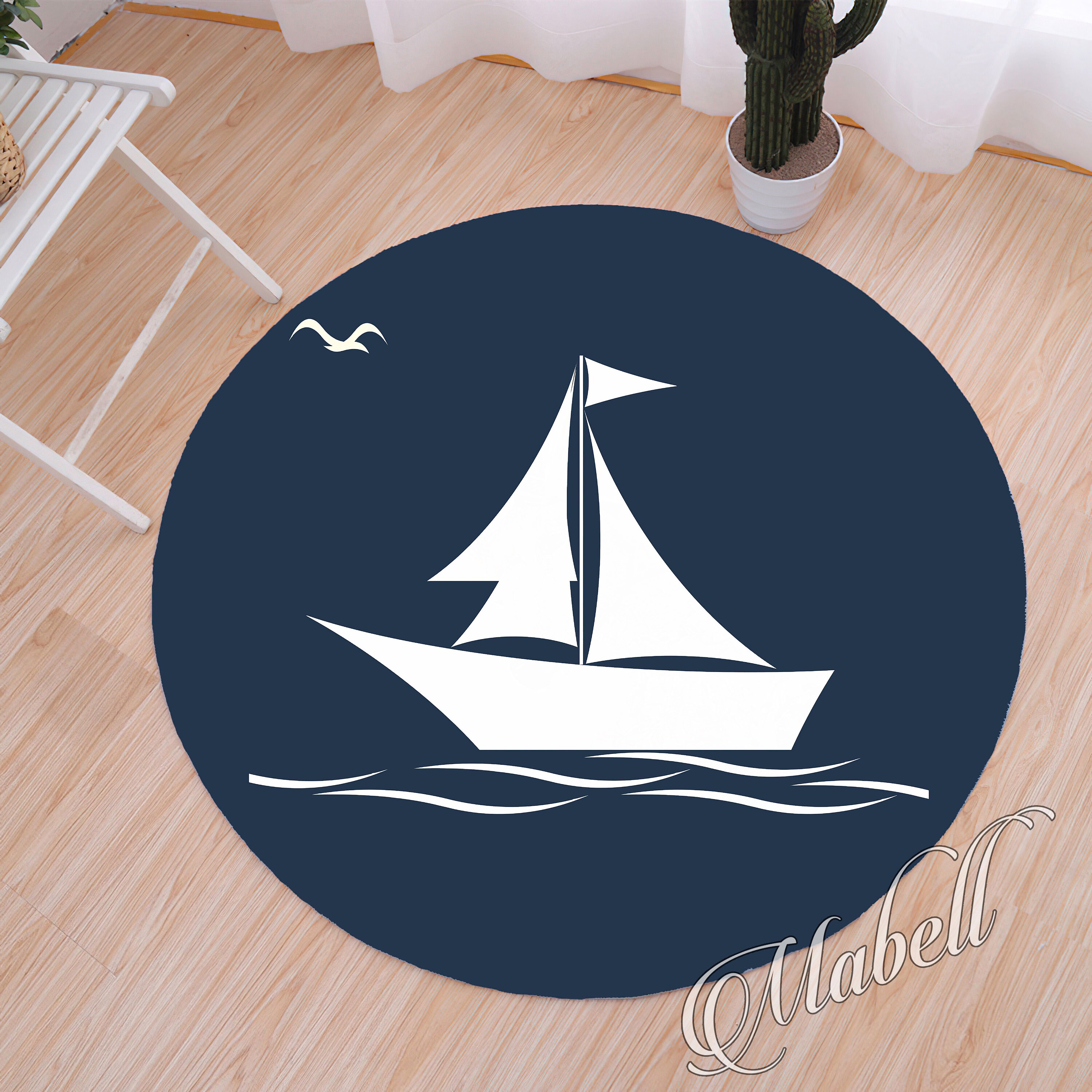 Boat Round Rug, Sailing Boatthemed Round Nonslip Area Rug, Blue White ...