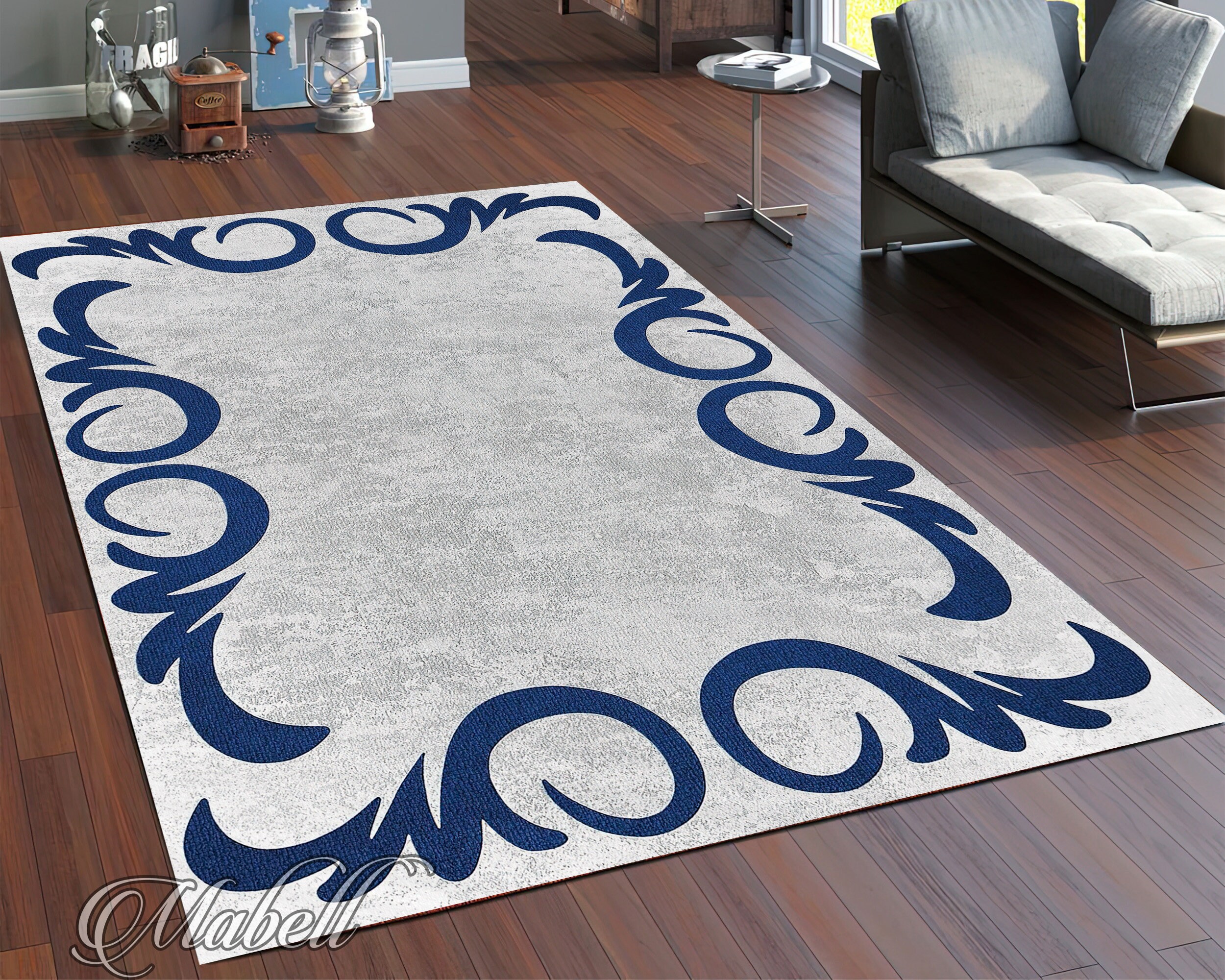 Border Rug, Blue Border on Gray Motif Pattern Nonslip Area Rug, Gray ...