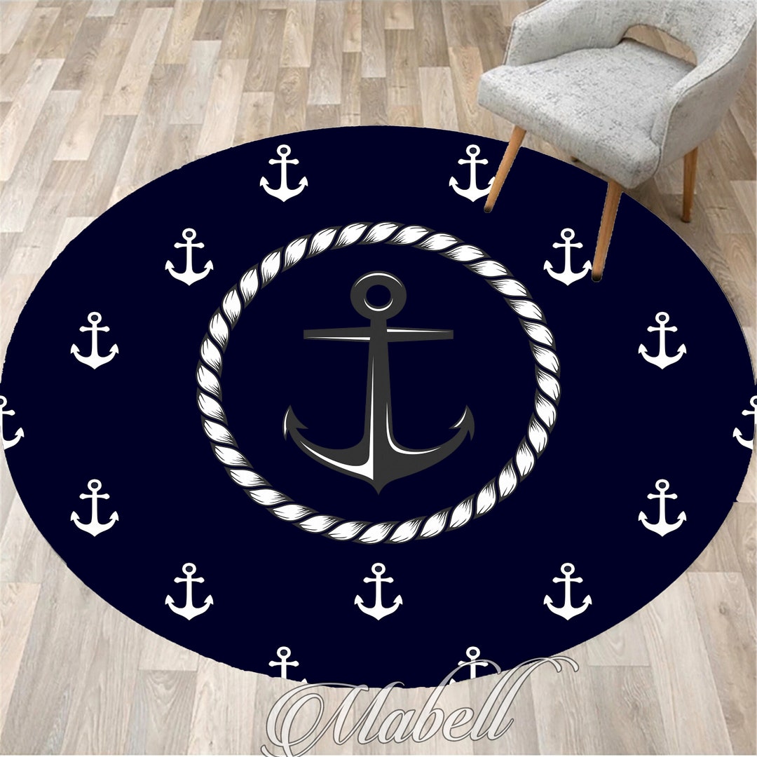 Navy Blue Anchor Pattern Digital Print Rug Washable Nonslip Floor Mat ...