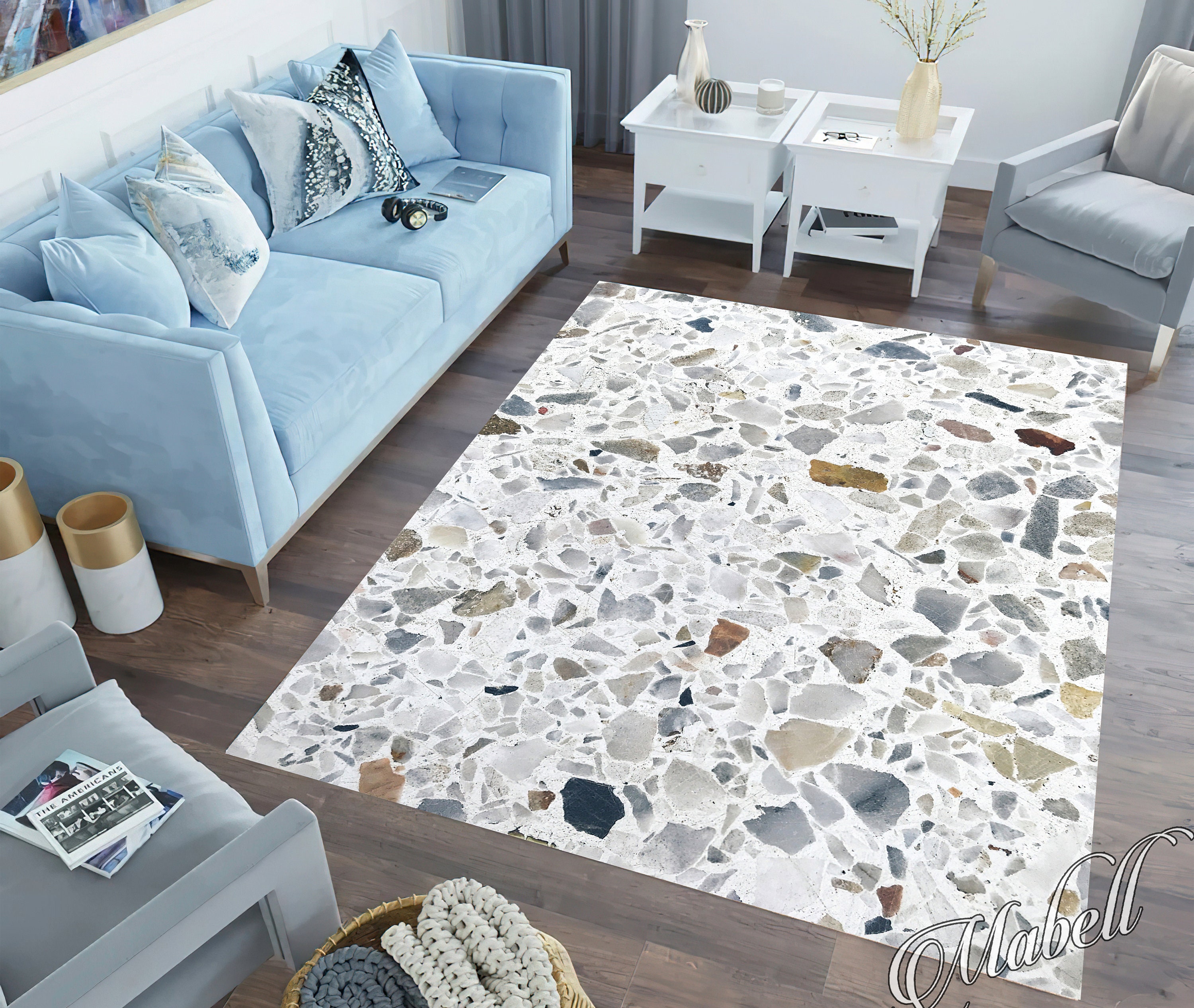 Terrazo Rug Pebble Stone Rug, Terrazzo Mosaic Texture Pattern Nonslip Area Rug ...