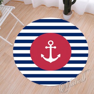 Anchor Round Rug, Nautical Themed Round Nonslip Area Rug, Blue Red Circle Rug, Striped Anchor Print Rug, Sailor Floor Mat, Minimalist Rug