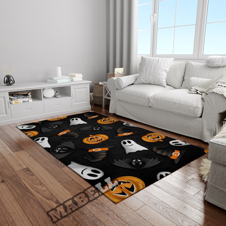 Halloween Rug, Halloween Honey Pumpkin Ghost Bat Themed Nonslip Area ...