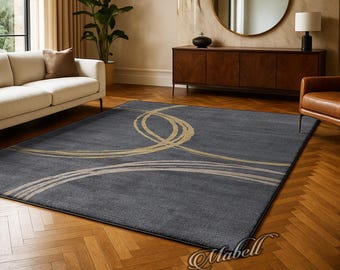 Abstract Geometric Nonslip Area Rug Modern Contemporary Carpet Gold Gray Home Decor Living Room Floor Mat Contemporary Design Rug