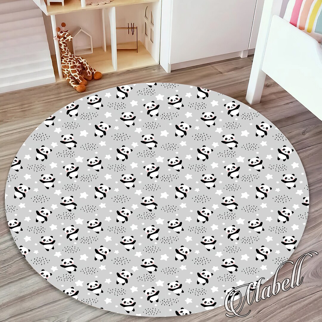 Panda Nursery Round Rug, Dancing Panda Themed Nonslip Area Rug, Animal ...
