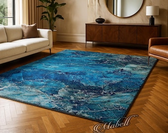 Ocean Blue Marble Rug Nonslip Area Rug Abstract Water Pattern Carpet Modern Living Room Bedroom Rug Coastal Home Decor Contemporary Mat
