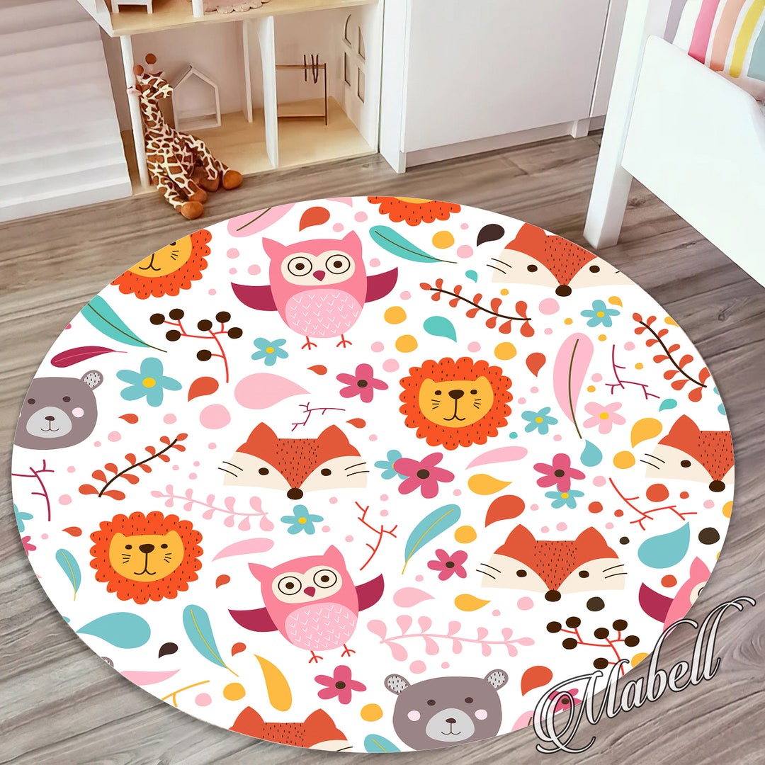 Round Animal Rug Animals Nursery Round Rug, Funny Animals Activity Nonslip Rug, Toddler ...
