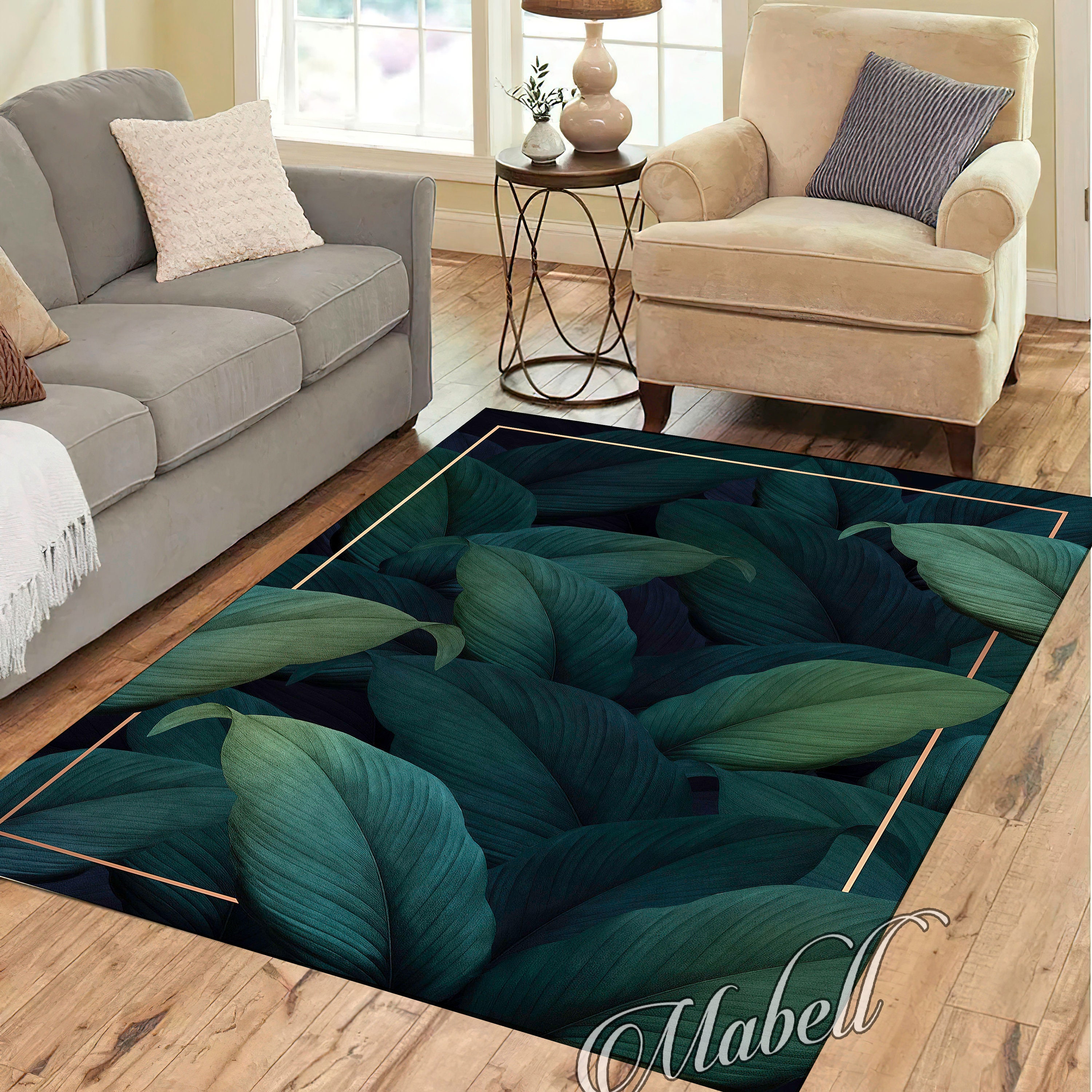 Green Leaf Rug, Dark Green Leaves in Gold Frame Themed Nonslip Area Rug