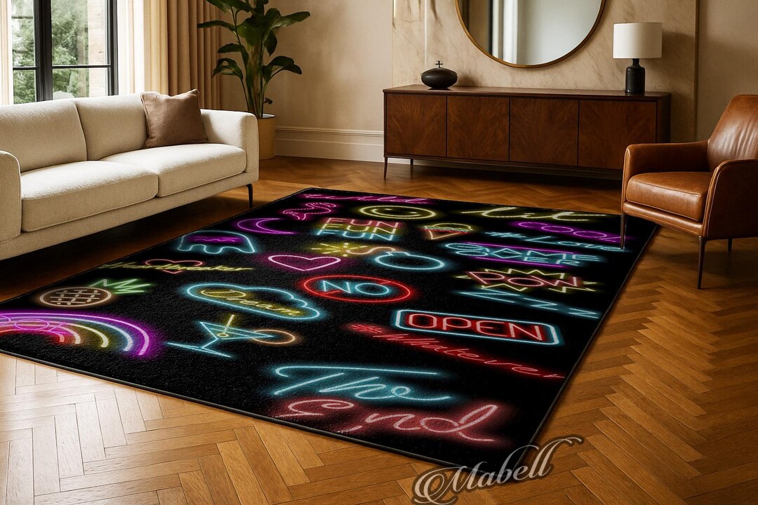 Neon Signs Rug Nonslip Area Rug LED Light Pattern Carpet Black Colorful ...