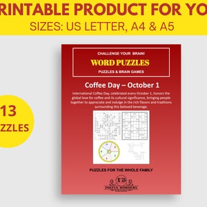 Könnte beinhalten: Ein rotes, druckbares Produkt mit dem Titel "Kaffeetag - 1. Oktober" und 13 Wortspielen. Das Produkt ist für die ganze Familie geeignet und in den Formaten US Letter, A4 und A5 erhältlich.