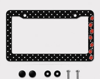 Ladybug Polka Dot License Plate Frame, Black White Dot Car Tag Holder, Cute Ladybug Auto Accessory, Cottagecore Vehicle Decor