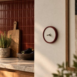 May include: A circular light switch mounted on a wall, featuring a white center plate, a metallic silver toggle lever, and a deep red outer rim. The switch is positioned on a plain wall surface, distinct from the kitchen area visible in the background.