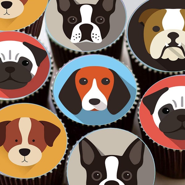 Dog Faces Round Pre-Cut Edible Cup Cake Topper Decorations