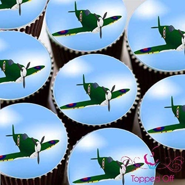 Spitfire Fighter Aircraft Pre-Cut Round Cup Cake Topper Decorations