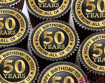 Happy 50th Birthday Round Pre-Cut Edible Cup Cake Topper Decorations