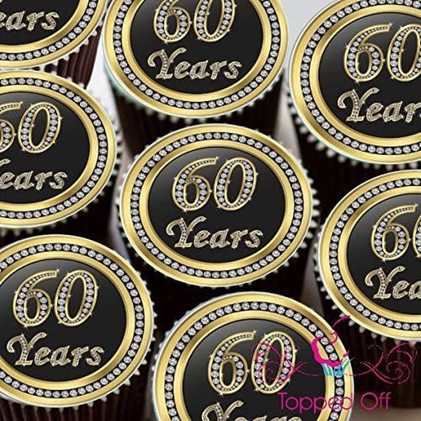 Happy 60th Anniversary Round Pre-Cut Edible Cup Cake Topper Decorations