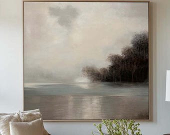 Misty Lakeside Landscape Oil Painting Abstract Countryside Neutral Wall Art Large Calming Nature Scene Art for Contemporary & Classic Decor