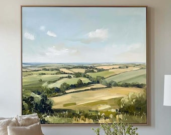 Neutral Abstract Landscape Painting Large Green Texture Canvas Art Vintage Meadow Landscape Art Farmhouse Decor Countryside Green Painting