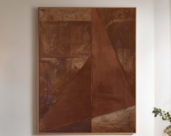 Textured Rust Brown Wall Art Geometric Abstract Painting Mid-Century Modern Artwork