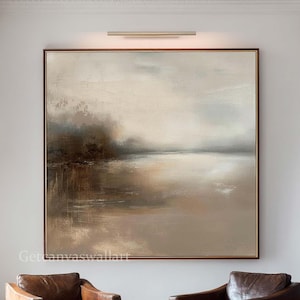 Large Moody Abstract Landscape Canvas Art Beige & Brown Textured Wall Art Foggy Lake Oil Painting