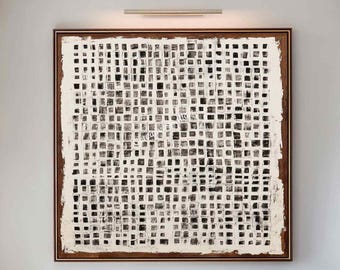 Large Textured Beige Black Painting, Wabi Sabi Wall Art, Neutral Minimalist Grid Canvas