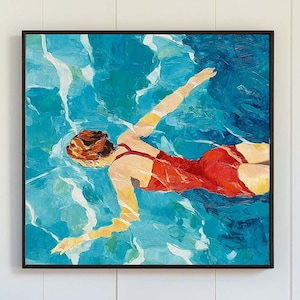 Girl Swimming Painting Blue Texture Wall Art Diving Oil Painting Woman Swimming in Pool Wall Art Swimmers Minimalist Art Unique Gift for Her