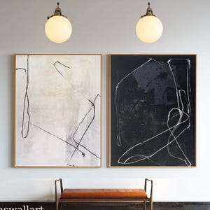 Conjunto de 2 lienzos abstractos de líneas, pintura al óleo minimalista en blanco y negro, estilo Japandi.