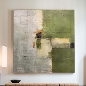 Large Green Abstract Canvas Art: Textured Beige Painting, Framed Minimalism