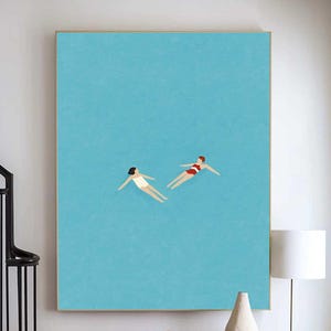 Large Blue Wall Art Two Girls Swimming Painting Women Floating in Pool Art Light Blue Texture Oil Painting on Canvas Minimalism Swimming Art