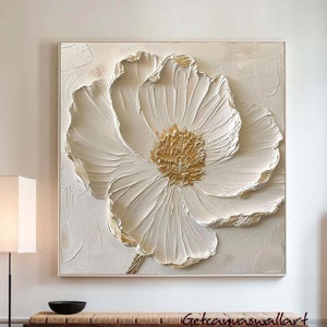 Textured Creamy White Flower Painting Large Beige Floral Wall Art Framed Gold Plaster Art Neutral Modern Minimalist Painting for Hallway