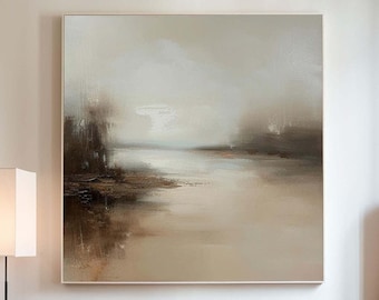 Abstraktes Seelandschafts-Ölgemälde, neutrale See-Leinwandkunst, Vintage-Landschaftskunst, großes beiges strukturiertes Wandbild, Kunst der Mitte des 20. Jahrhunderts