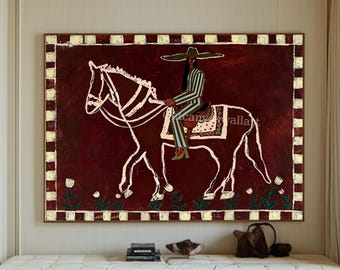 Original Whimsical Horse Rider Oil Painting Modern Folk Art Canvas Western Minimalist Wall Art