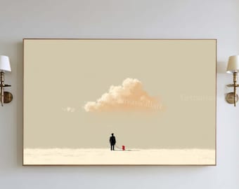Large Minimalist Beige Wall Art Man Walking With Dog Painting Scandinavian Contemporary Canvas Decor