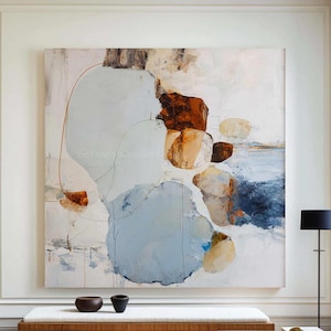 Pintura al óleo abstracta azul, arte moderno sobre lienzo texturizado, obra de arte minimalista costera de lujo.