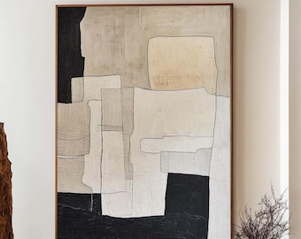 Beige Textured Abstract Painting Large Beige & Black Minimalist Wall Art Wabi Sabi Painting Neutral Modern Abstract Canvas for Living Room