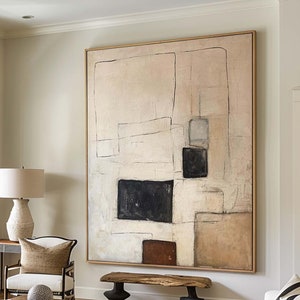 Wabi Sabi Minimalistisk Abstrakt Målning Stor Beige Svart Väggkonst Neutral Texturerad Canvas