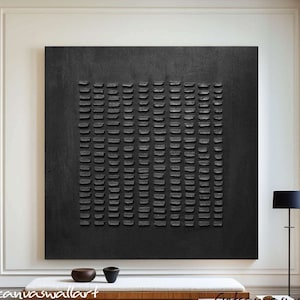 Black 3D Textured Painting Large Minimalist Wall Art for Living Room Modern Plaster Canvas