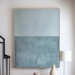 Arte de parede minimalista azul, tela texturizada azul-clara grande, pintura minimalista feita à mão em azul-claro para decoração moderna de sala de estar.
