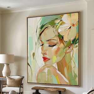 Green Texture Wall Art Woman Face Painting Large Wall Art Female Figure Painting Abstract Woman Portrait Art People Painting Neutral Decor