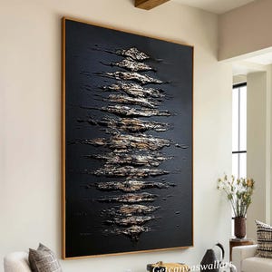 Black & Gold Leaf Abstract Painting Large Textured Minimalist Wall Art Mid-Century  Modern Decor