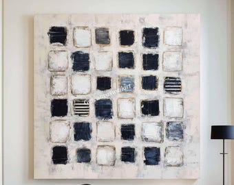 Blue & Beige Abstract Painting on Canvas Large Navy Blue Textured Wall Art Neutral Modern Minimalist Painting for Living Room Wabi Sabi Art