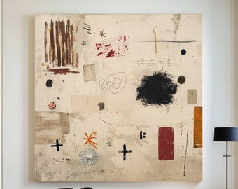 Wabi-Sabi Abstract Graffiti Wall Art Beige Textured Painting Mixed Media Artwork
