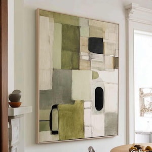 Green Texture Canvas Art: Neutral Abstract Minimalist Painting