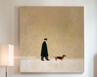 Scandinavian Minimalist Figurative Painting Man and Dog Wall Art Large Beige Textured Canvas Art